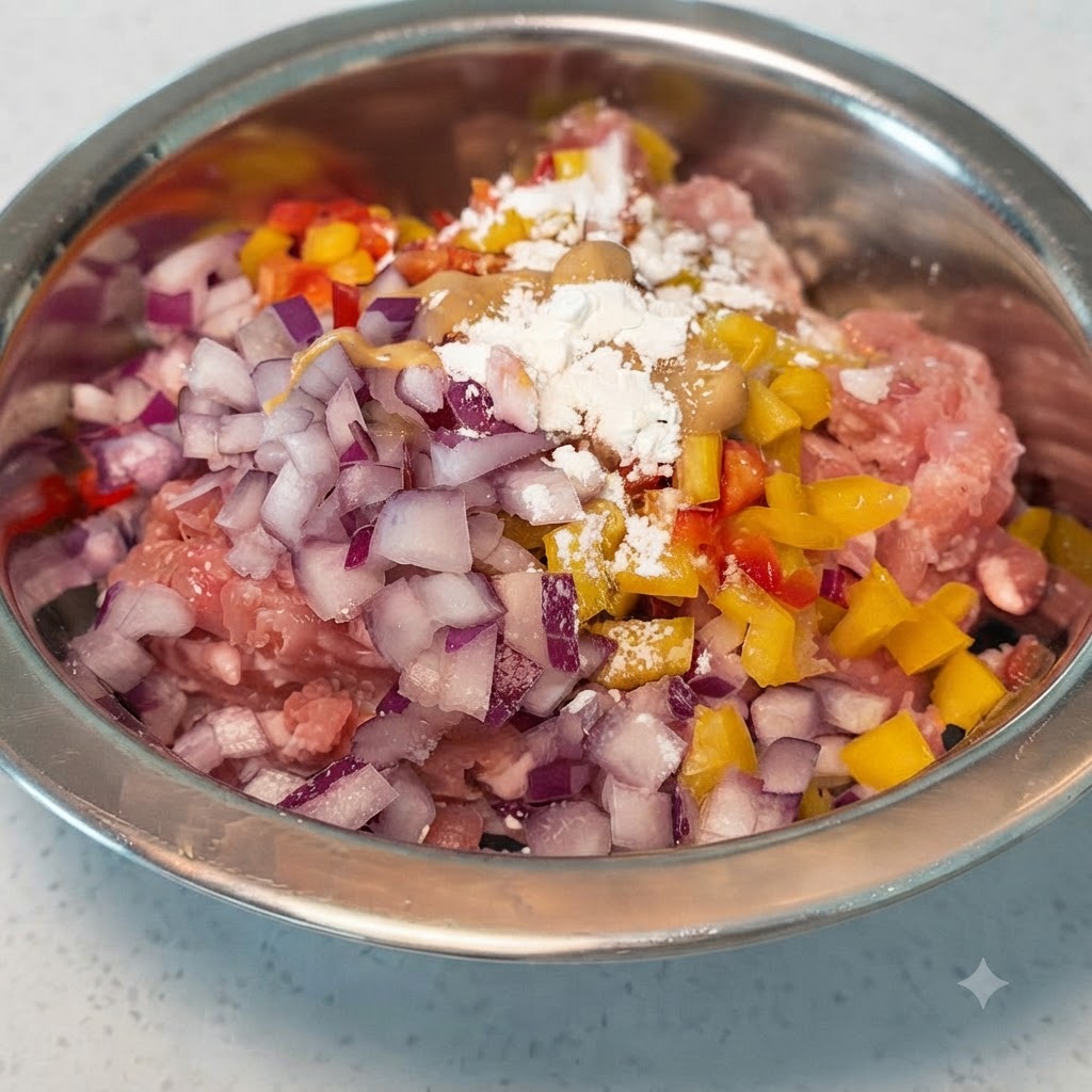 Sauce soja, beurre de cacahuète, cumin et fécule de maïs saupoudrés sur le mélange de viande et de légumes dans un bol.