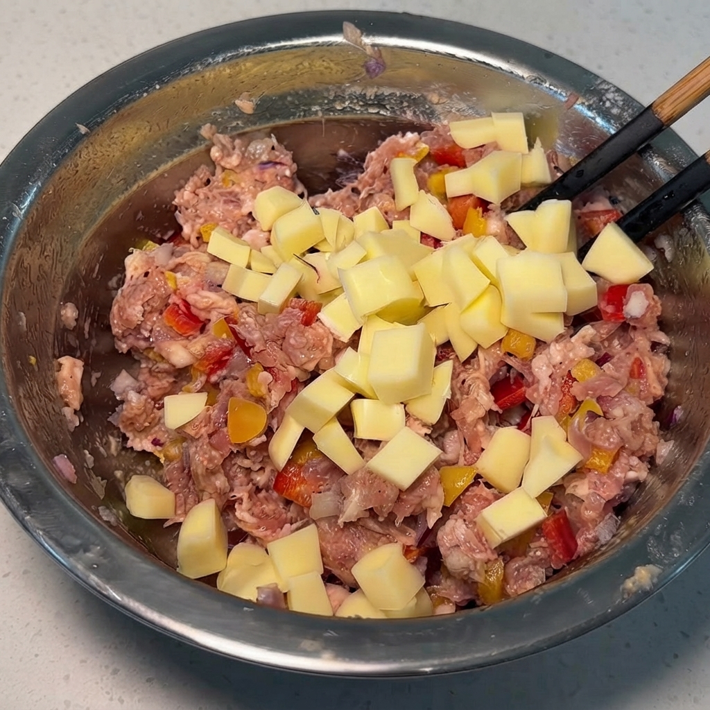 Cubes de fromage ajoutés dans le bol de viande mélangée, prêts à être incorporés.