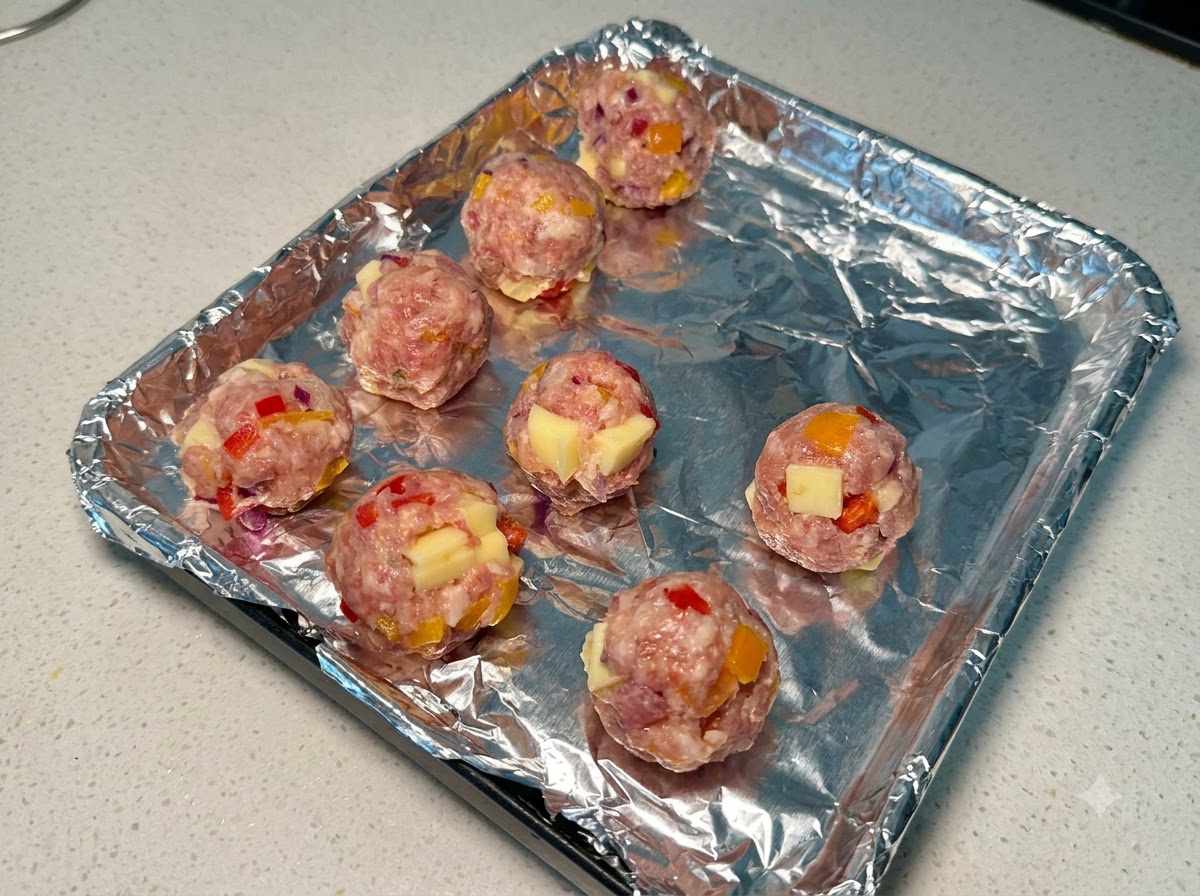Boulettes de porc et de fromage façonnées disposées sur une plaque de cuisson recouverte de papier aluminium.