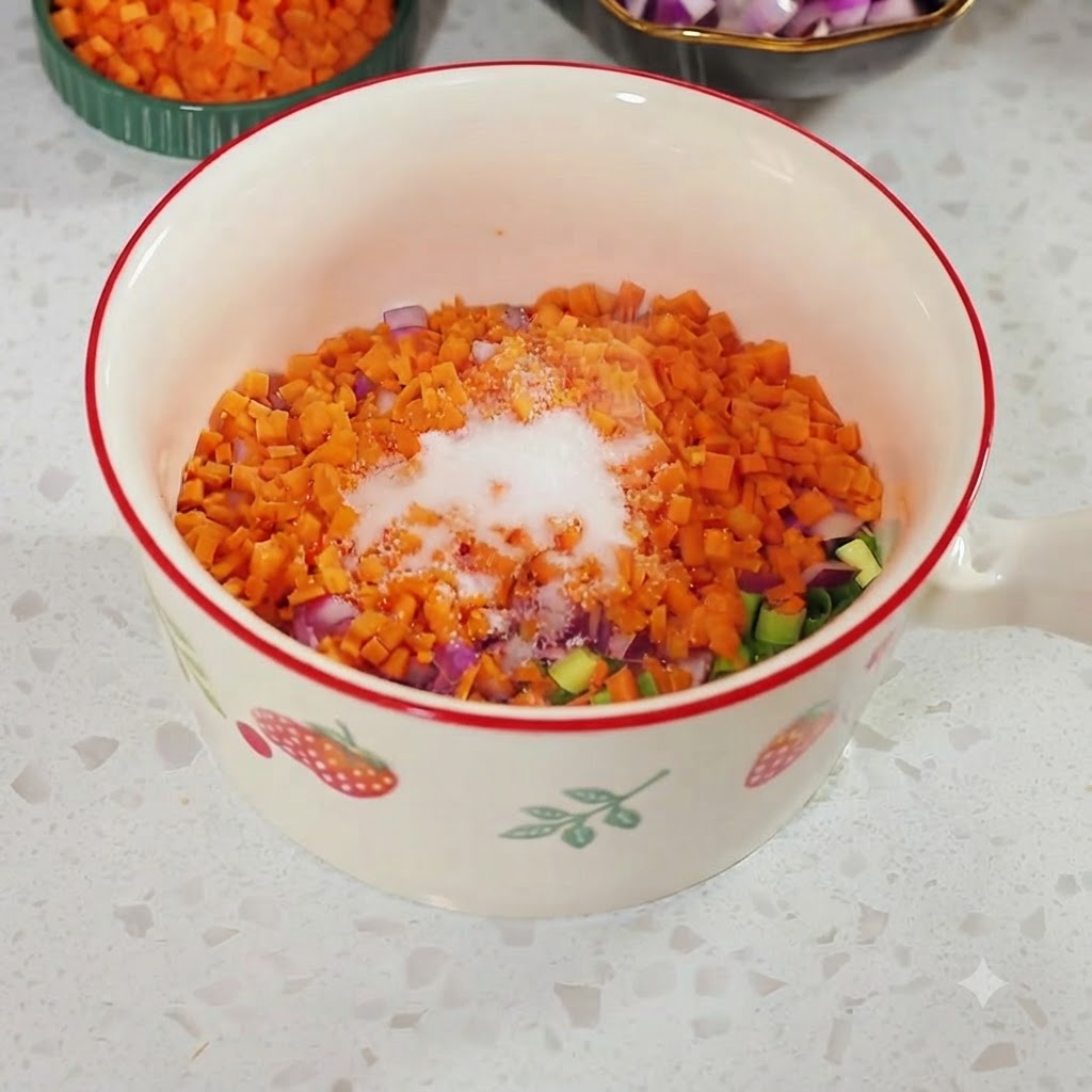 Une pincée de sel blanc versée sur des carottes et des oignons rouges finement coupés en dés dans un bol blanc.