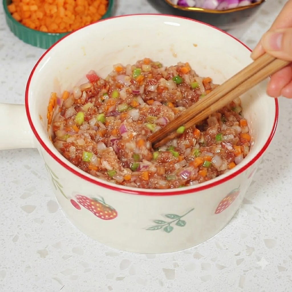 Mélange approfondi de la viande hachée, des légumes et des assaisonnements dans le bol à laide de baguettes.