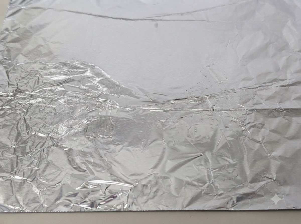 Une feuille de papier aluminium froissée sur une plaque de cuisson badigeonnée dhuile de cuisson.