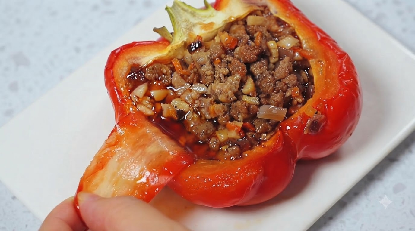 Un demi-poivron rouge cuit farci de viande hachée savoureuse, dont la peau se détache.