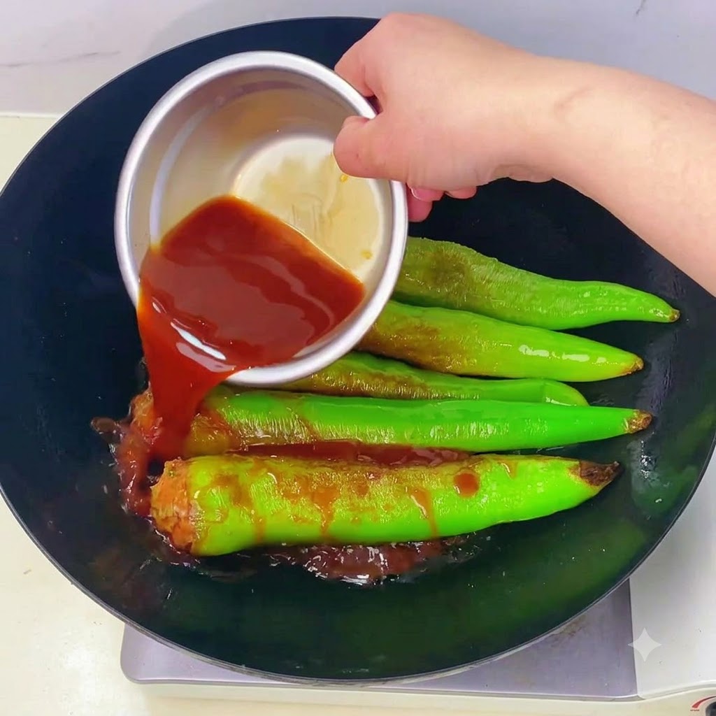 De la sauce versée à partir dun petit bol en métal sur les piments verts farcis et frits à lintérieur du wok.