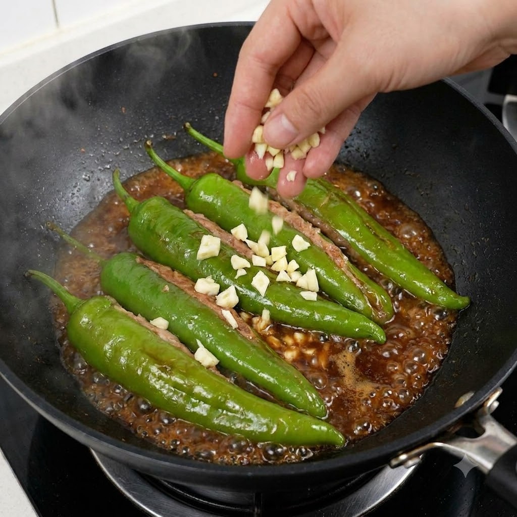 De lail émincé, des piments rouges hachés et des graines de sésame blanc saupoudrés sur les piments verts farcis qui mijotent dans un wok.