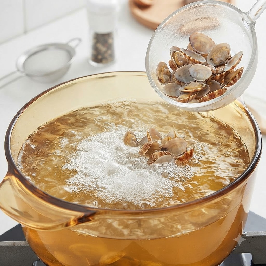 Une louche ramassant des palourdes cuites hors dune casserole de bouillon bouillant.