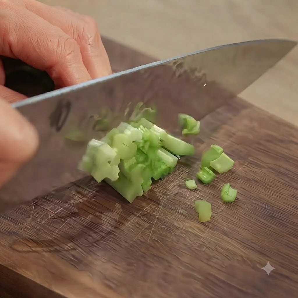 Des pommes de terre coupées en petits cubes sur une planche à découper en bois avec un couteau.
