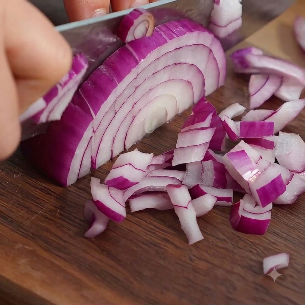 Des tranches de bacon coupées en petits morceaux réguliers sur une planche en bois.