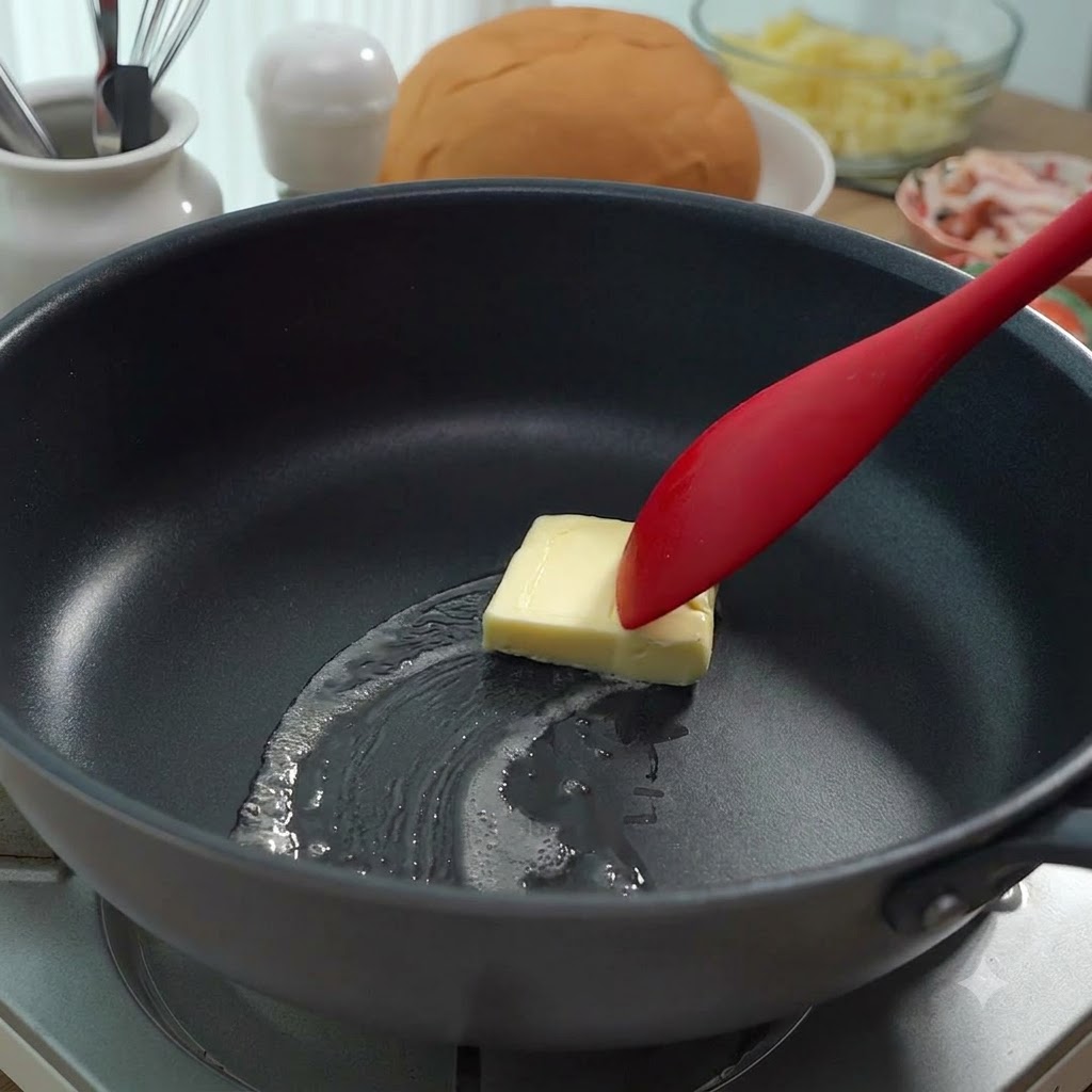 Du beurre en train de fondre dans une poêle avec de la farine incorporée à laide dune spatule rouge.
