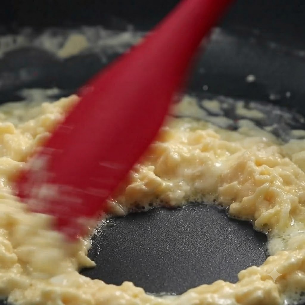 Du lait et de la crème entière incorporés à un roux épais dans une poêle à laide dune spatule.