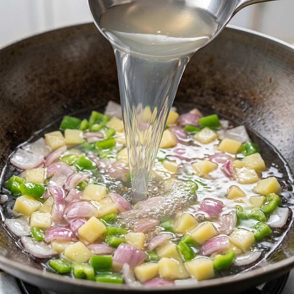 Du bouillon de palourdes versé à la louche dans une poêle remplie de légumes en dés et de bacon.
