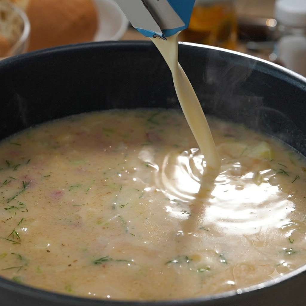 Du lait et de la crème entière versés dune brique dans une casserole de soupe de palourdes crémeuse en train de mijoter.