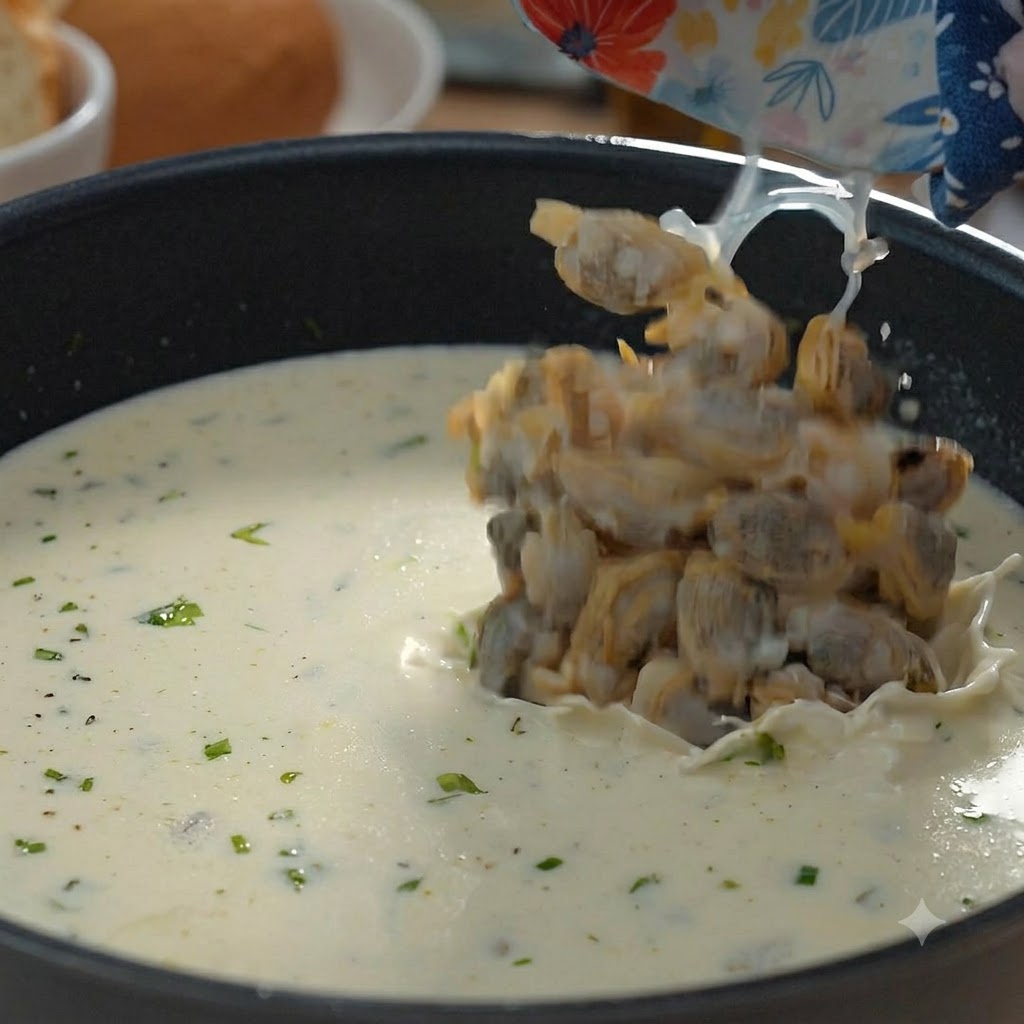 De la chair de palourdes versée dun bol dans une casserole de soupe blanche crémeuse.