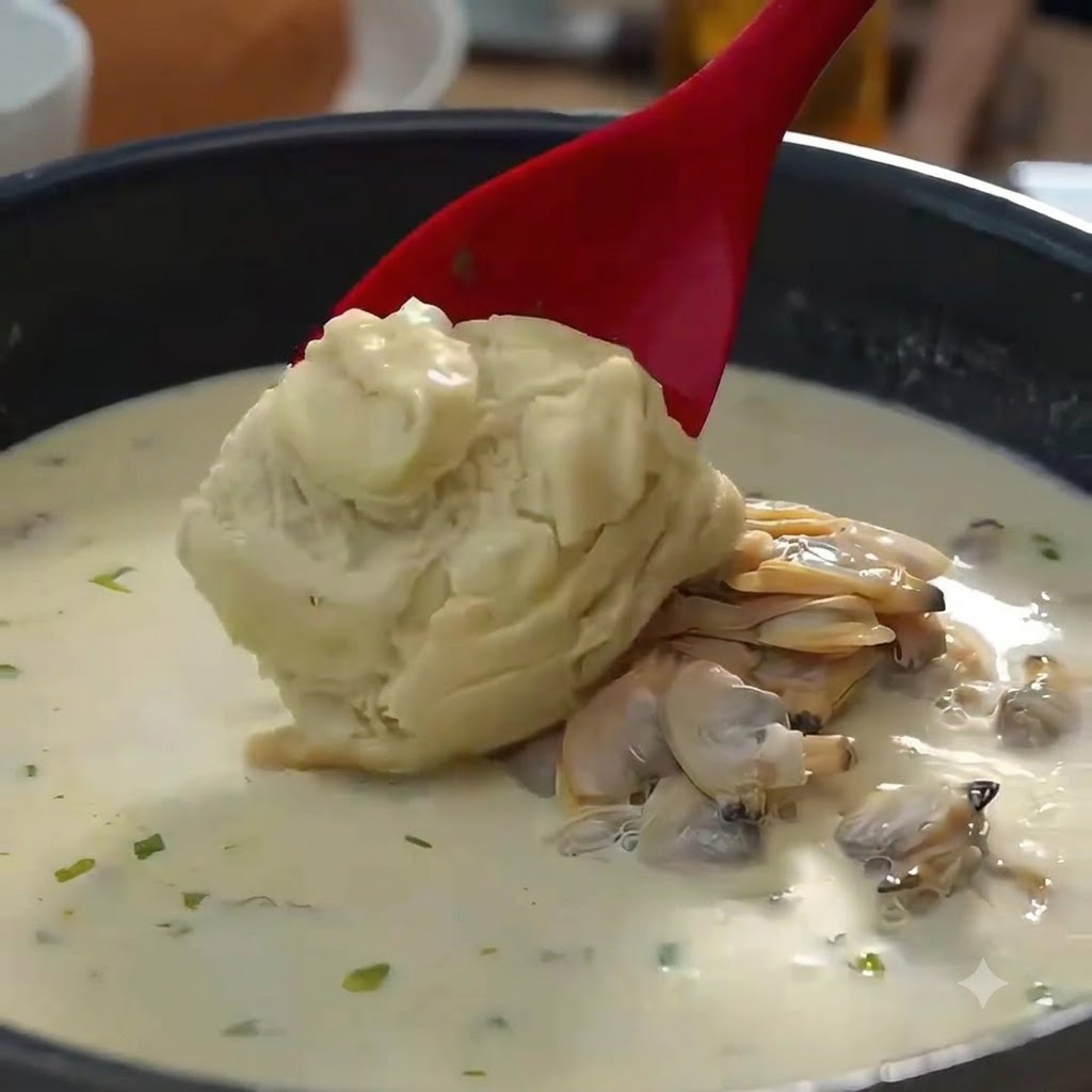 Une cuillère rouge prélevant de la sauce blanche pour lajouter dans une casserole remplie de soupe crémeuse et de palourdes.