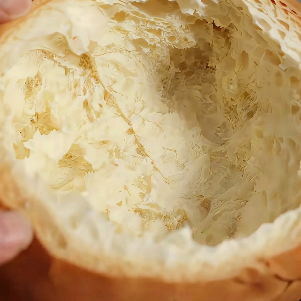 Une vue rapprochée de lintérieur dune miche de pain artisanale creusée, prête à recevoir la soupe.