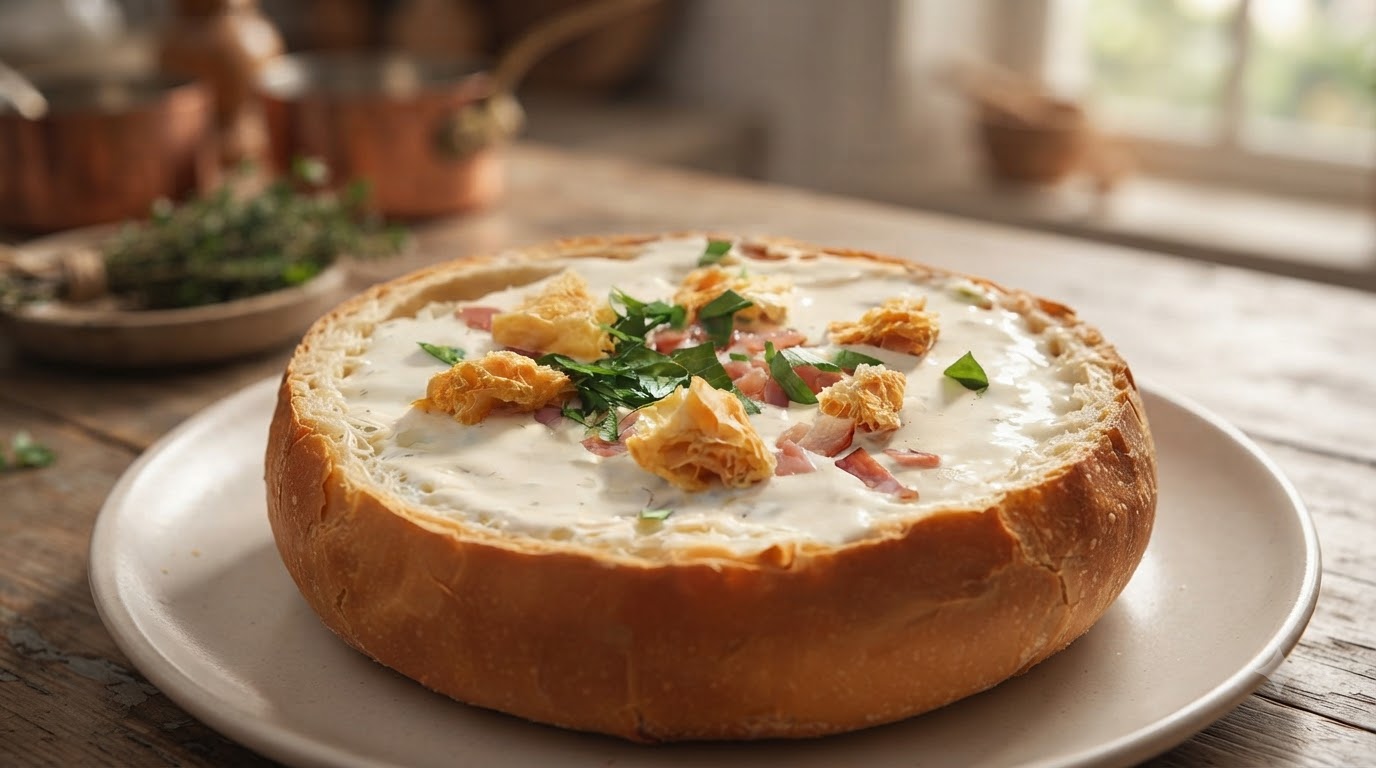 Soupe de Clam Chowder Américaine en Pain Rond