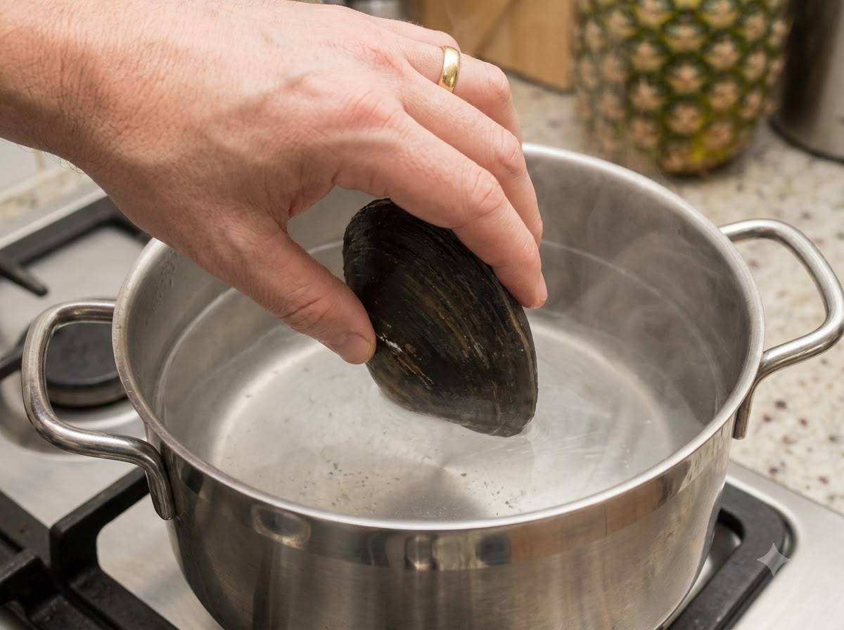 Des palourdes et des moules à lèvres vertes placées dans de leau bouillante dans une cocotte.