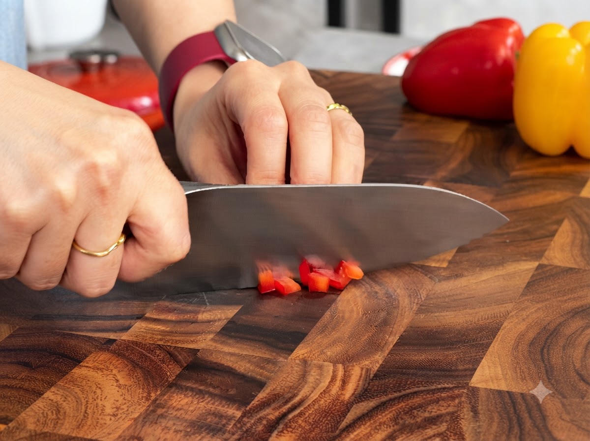 Des poivrons rouges et jaunes coupés uniformément en dés avec un couteau bien aiguisé sur une planche à découper en bois.
