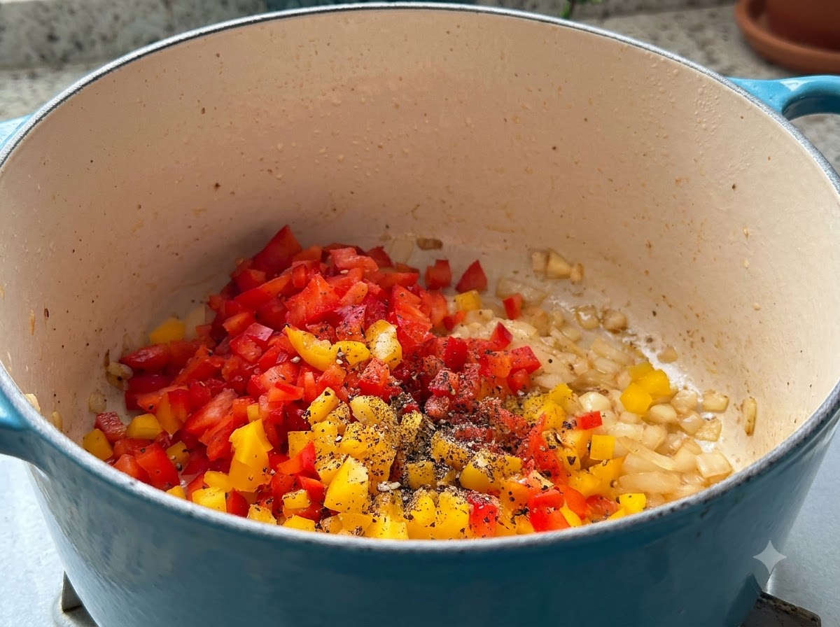 Gros plan sur du paprika fumé en poudre et des assaisonnements saupoudrés sur les poivrons et oignons en dés dans une casserole.