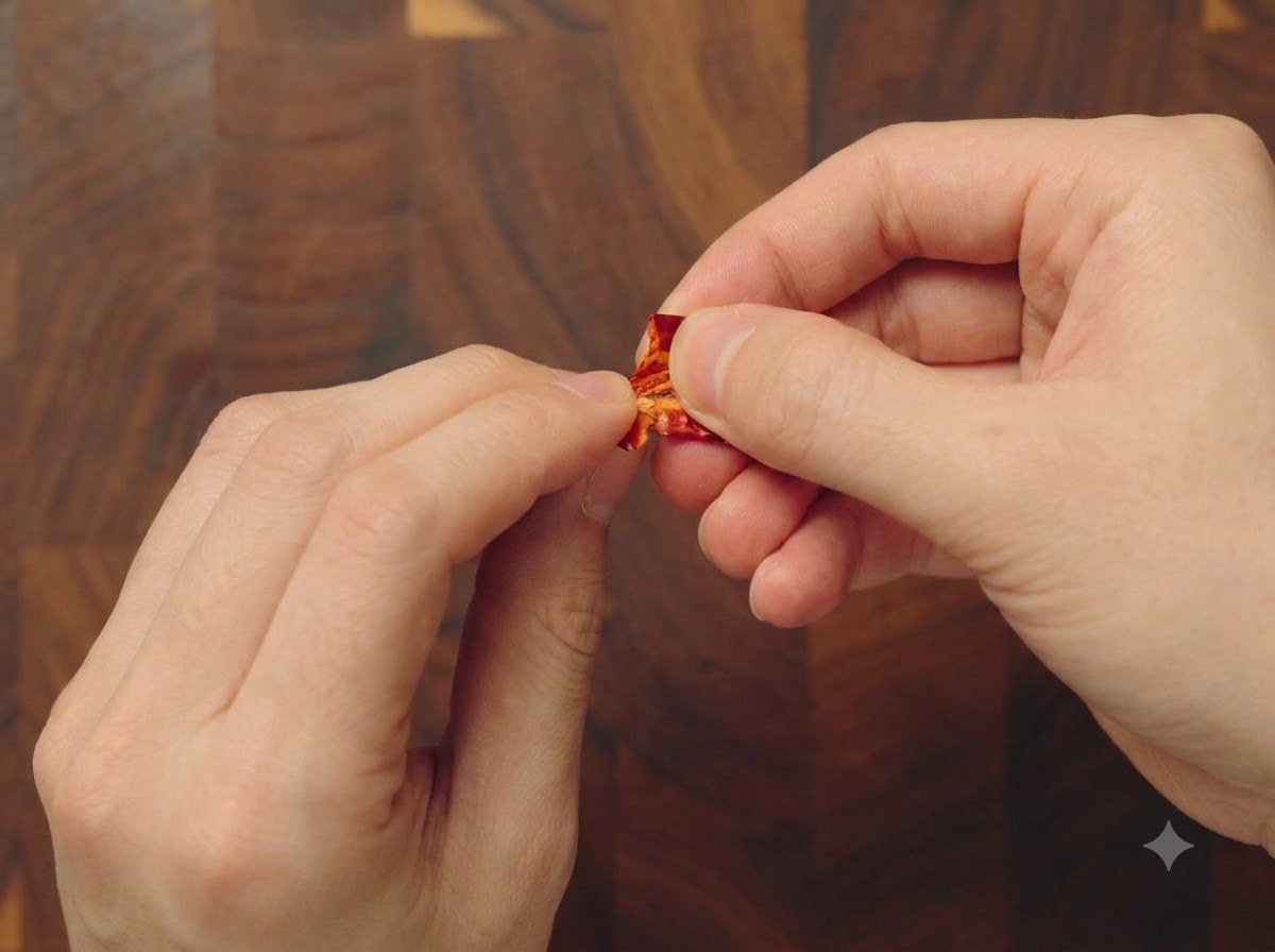 Gros plan de mains séparant des piments rouges séchés pour en retirer les graines sur une planche à découper.