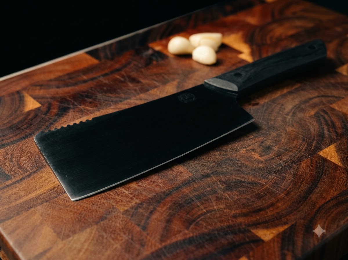 Un couteau de boucher à manche noir pressant des gousses dail pelées sur une planche en bois foncé.