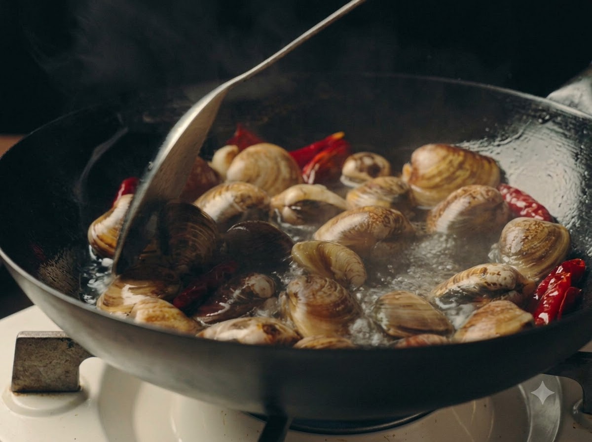 Des palourdes mijotant et souvrant dans le bouillon dune poêle tout en étant remuées avec une spatule en métal.