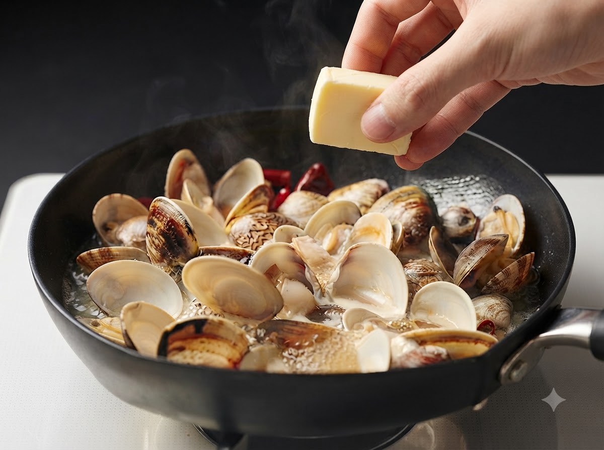 Une petite noisette de beurre déposée dans une poêle de palourdes et de bouillon frémissants.