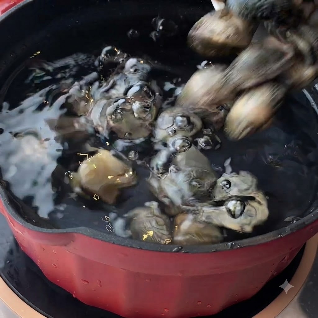 Palourdes ajoutées dans une casserole rouge deau bouillante.