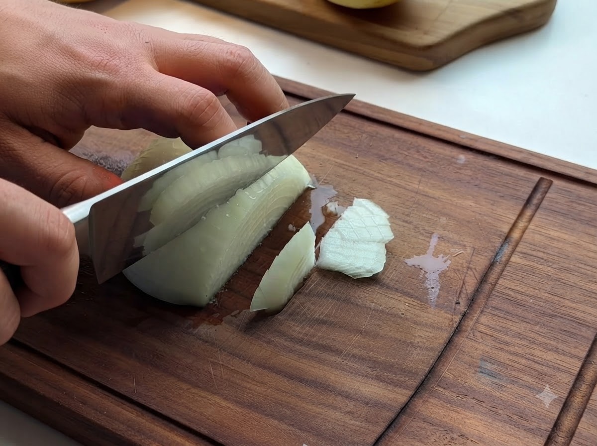 Un oignon en train dêtre coupé en dés sur une planche à découper en bois avec un couteau.