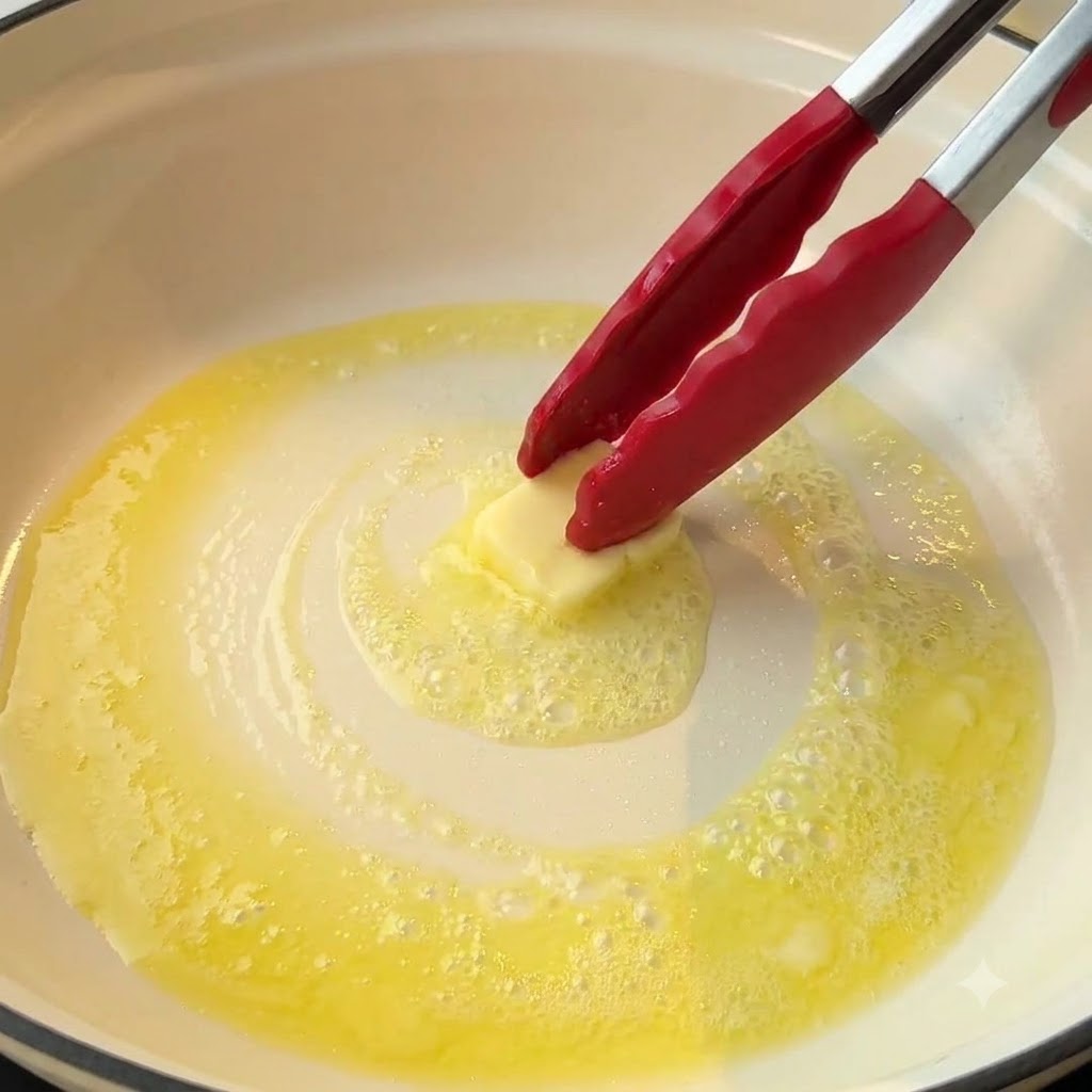 Un morceau de beurre fondant dans une poêle chaude et remué avec des pinces rouges.