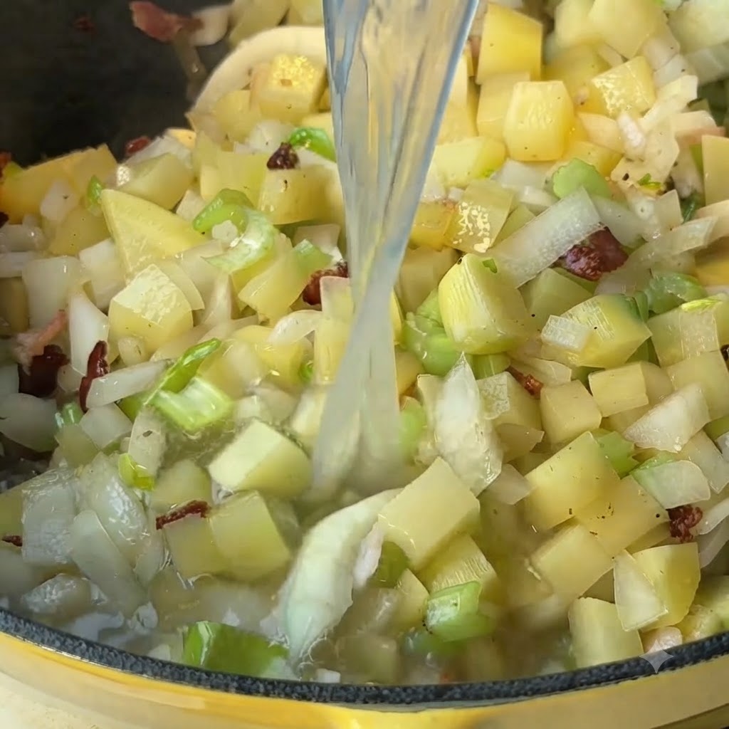 Du bouillon de palourdes versé dun récipient dans une poêle de pommes de terre, doignons et de céleri en dés mélangés.
