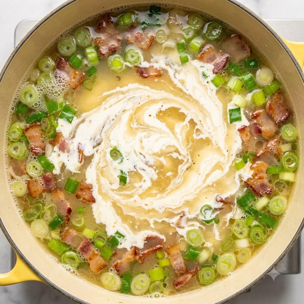De la crème entière versée en tourbillonnant dans la base de soupe de légumes mijotante.