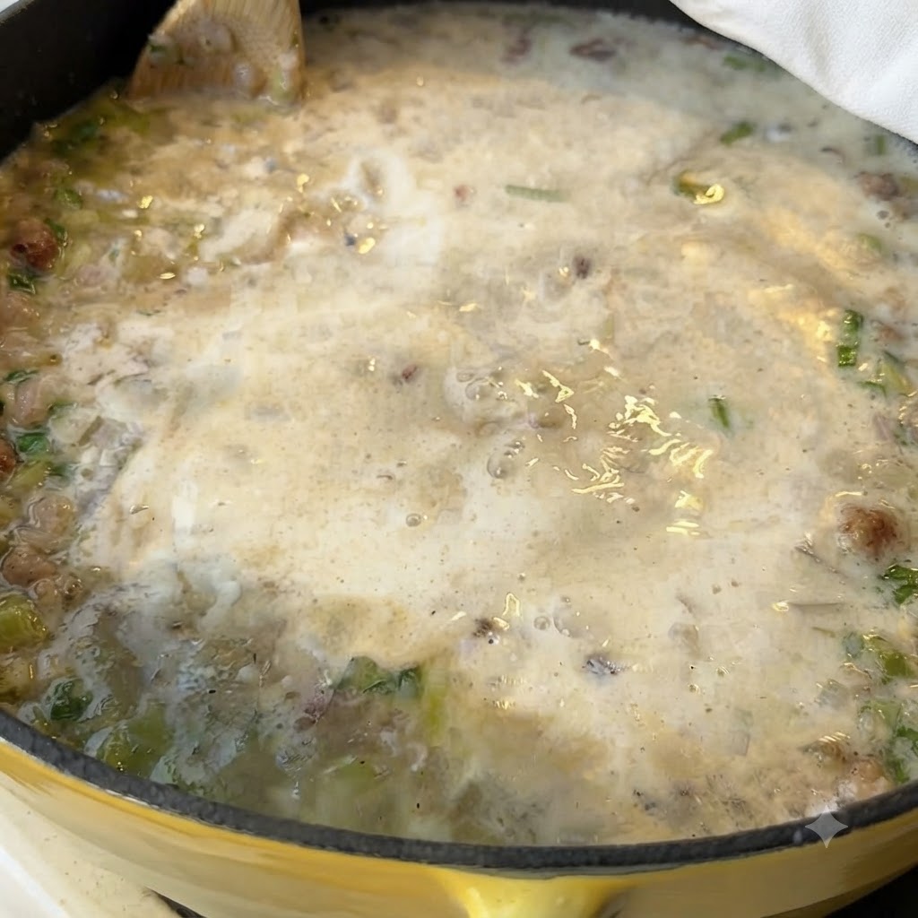 Des palourdes mélangées dans la casserole de soupe crémeuse.