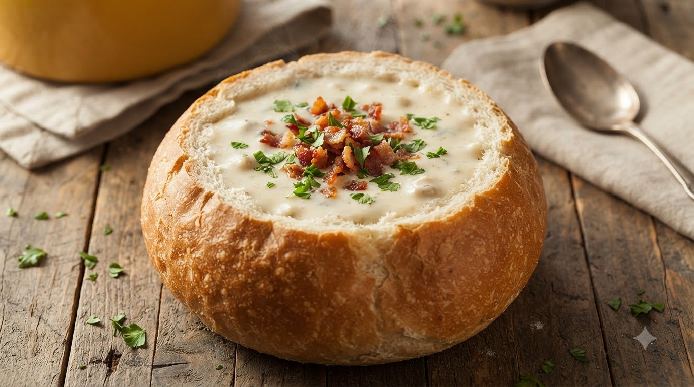 Chowder de Palourdes Américain Classique dans un Pain Rond