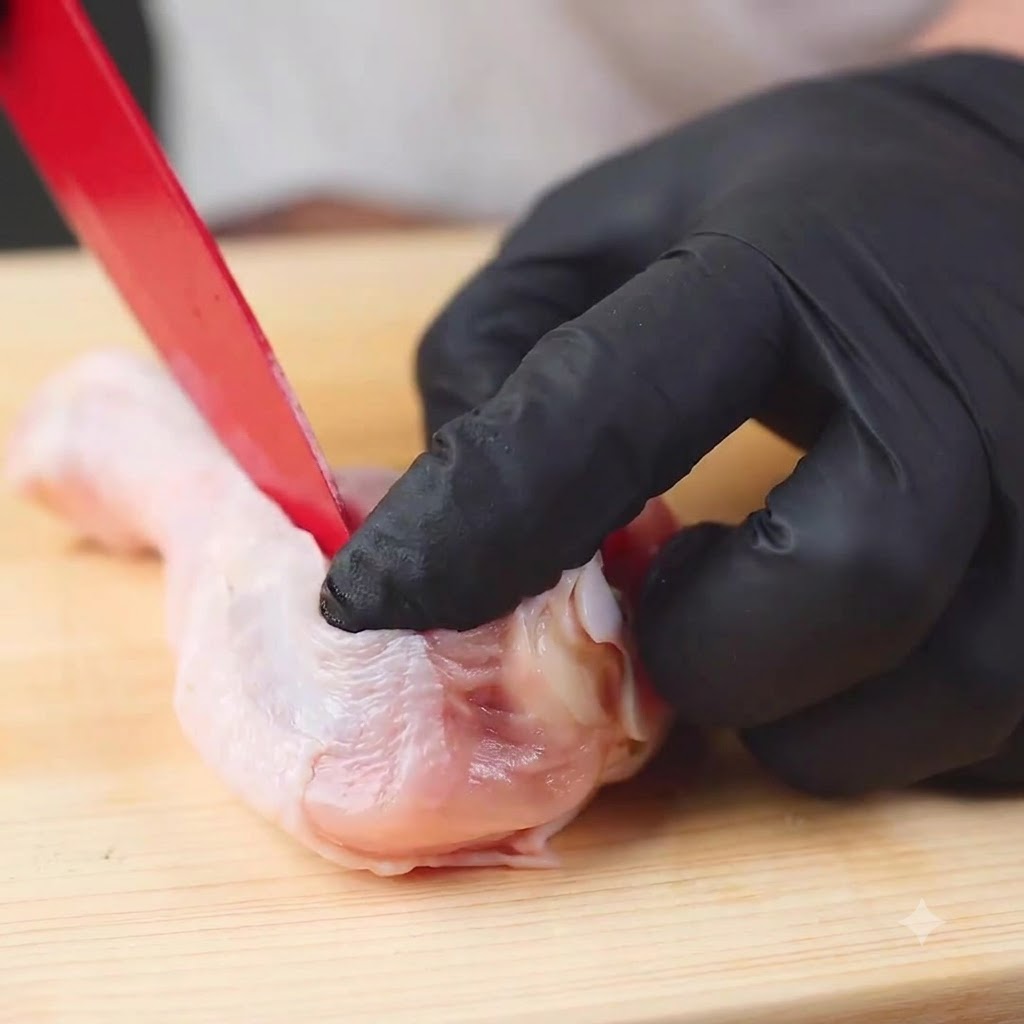 Un petit couteau séparant soigneusement la chair de los dun pilon de poulet cru sur une planche en bois.