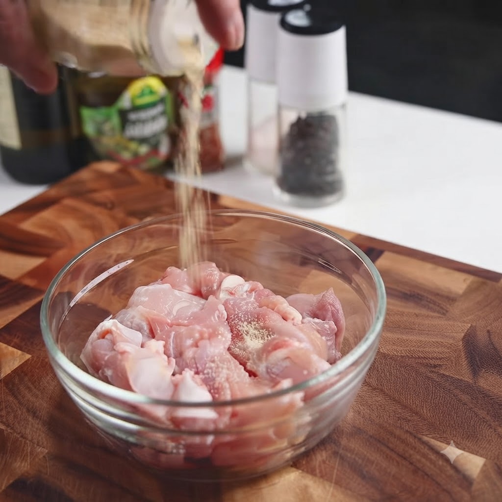 Des épices versées sur des morceaux de poulet cru hachés à lintérieur dun bol en verre transparent.