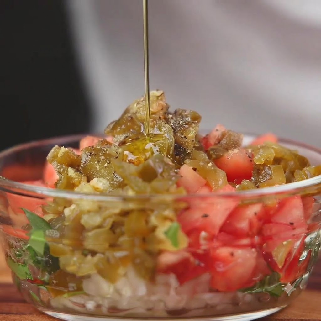 De lhuile dolive versée sur un bol fraîchement mélangé de tomates, doignons et de piments en dés.