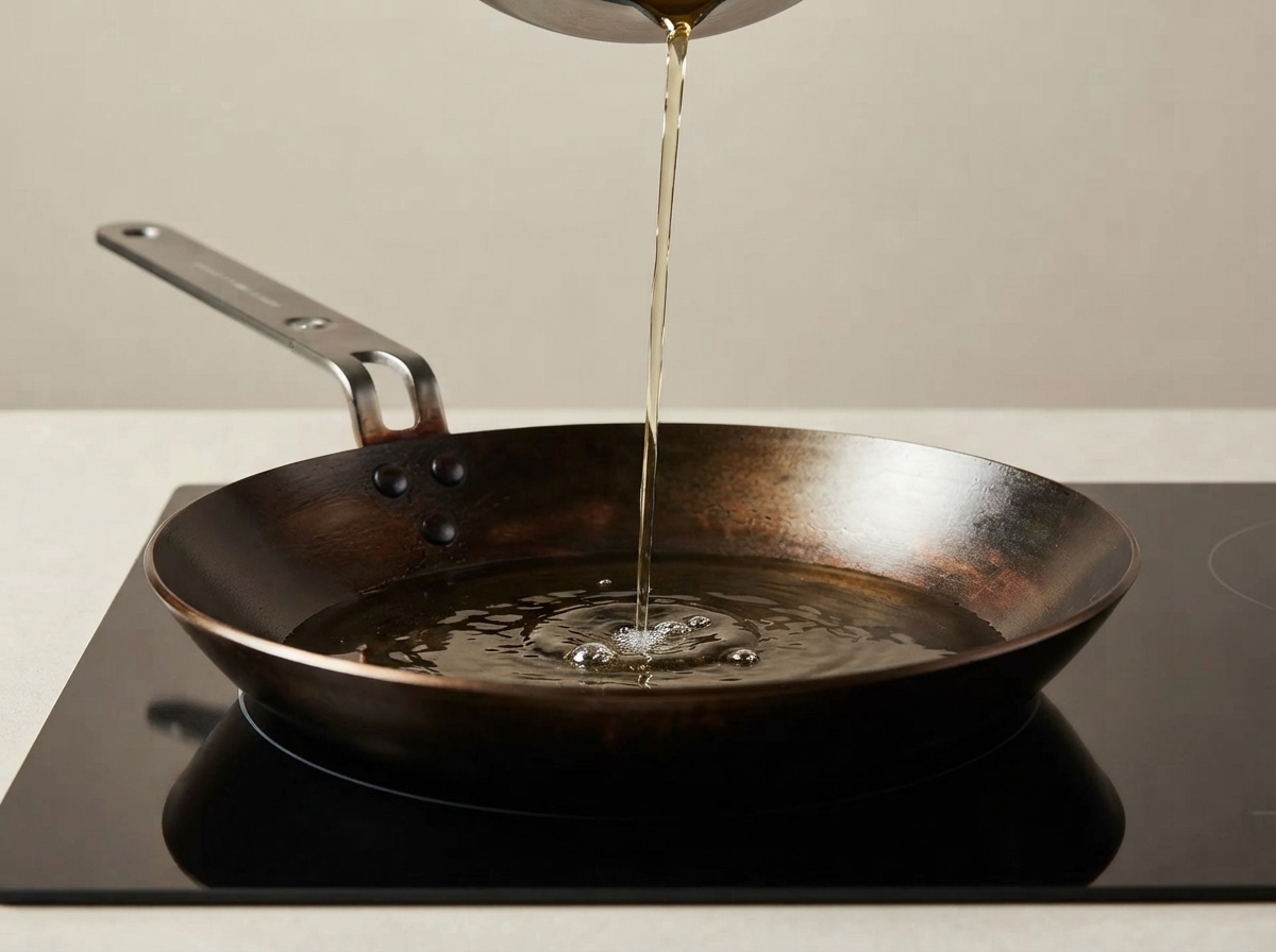 De lhuile de cuisson versée dans une poêle métallique sombre et chaude sur une table de cuisson.