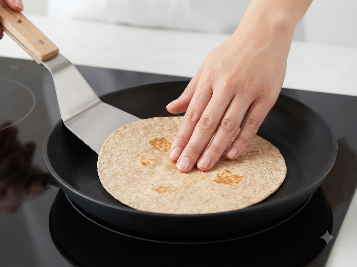 Une main appuyant sur une tortilla de blé entier en train de se réchauffer dans une poêle plate noire à laide dune spatule.
