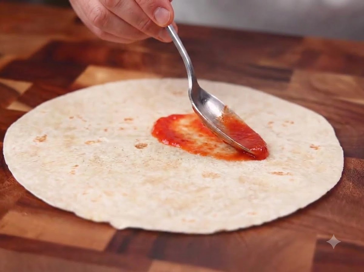 Une cuillerée de sauce chili mexicaine étalée uniformément sur une tortilla de blé entier plate sur une planche à découper en bois.