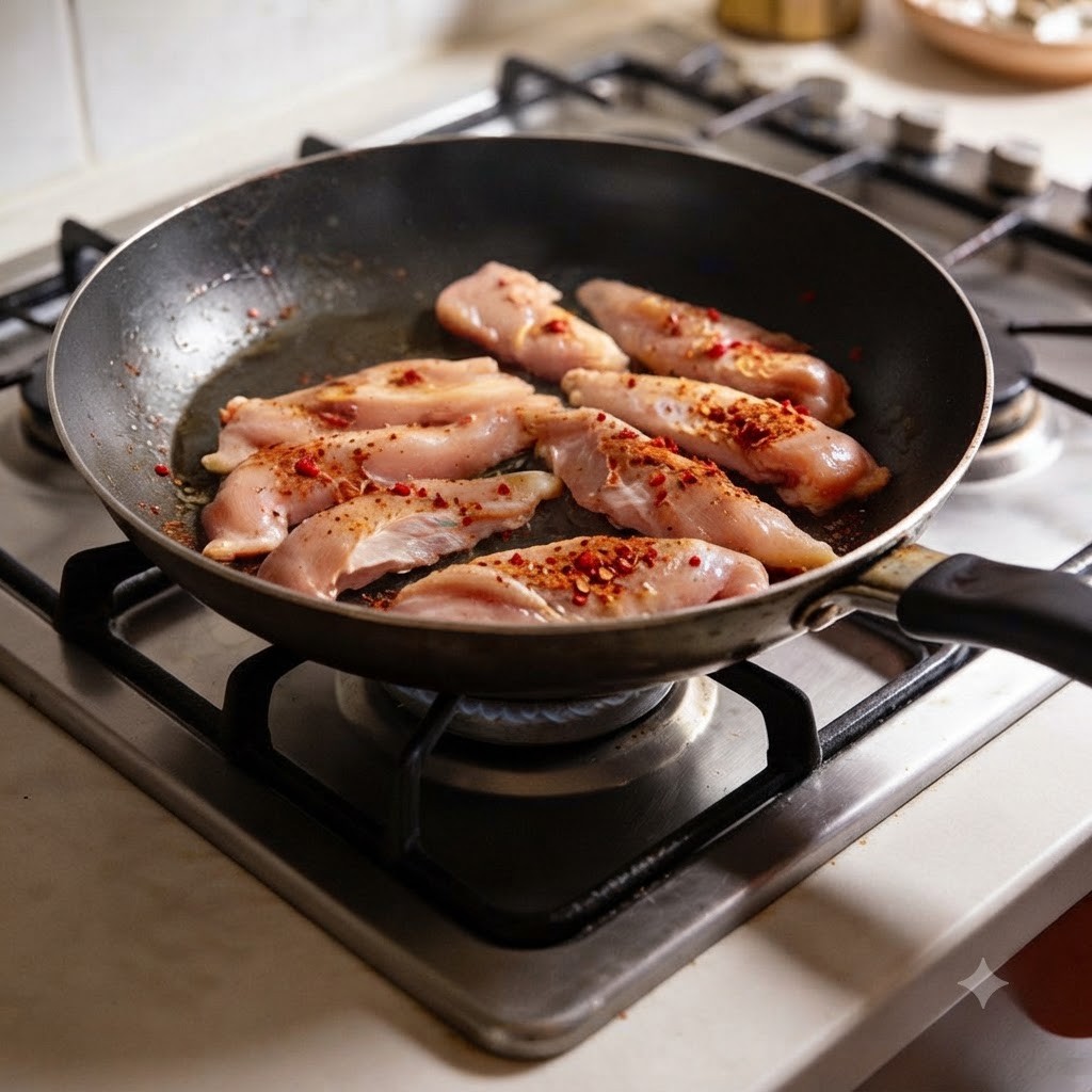 Lanières de poulet assaisonnées en train de frire dans une poêle chaude sur une cuisinière.
