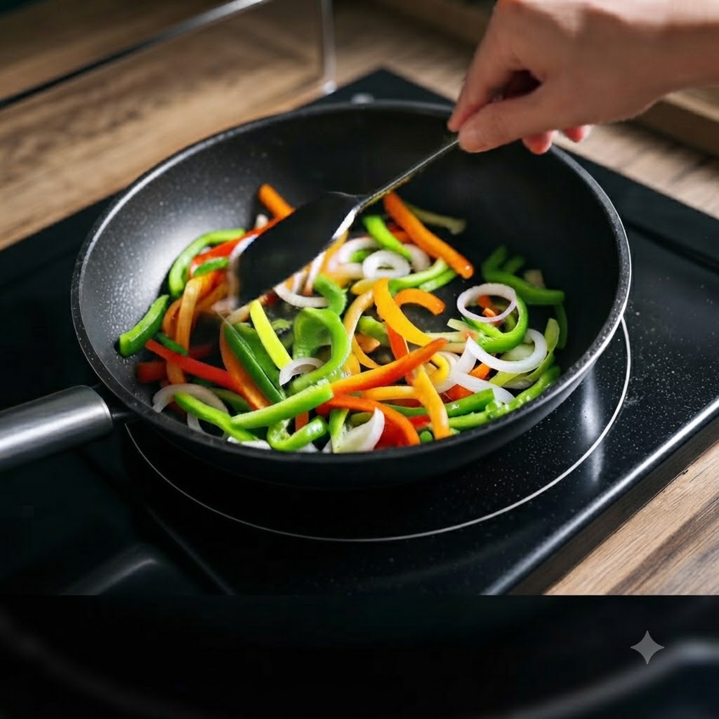 Tranches de poivron et oignons en train dêtre sautés dans une poêle avec une spatule.