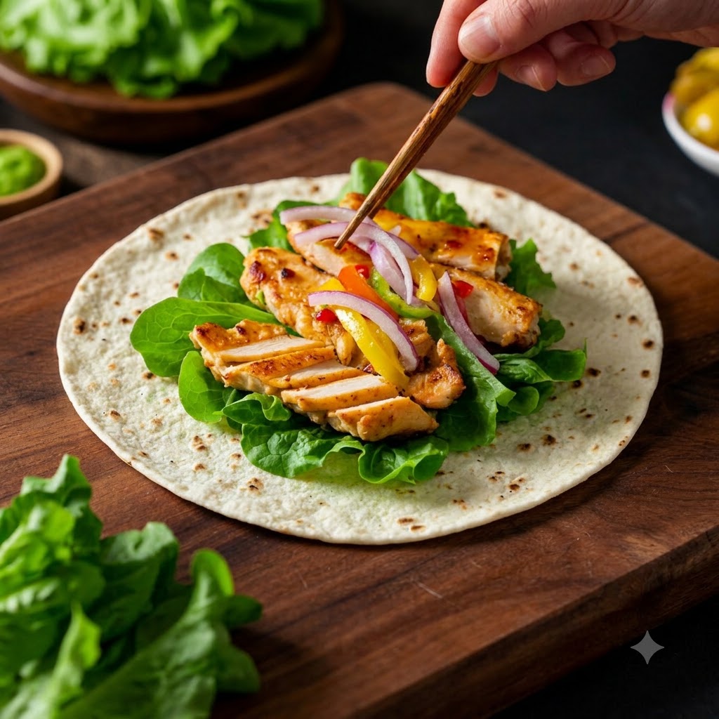 Superposition de laitue, de poulet cuit et de légumes sautés sur une tortilla de blé sur une planche en bois.