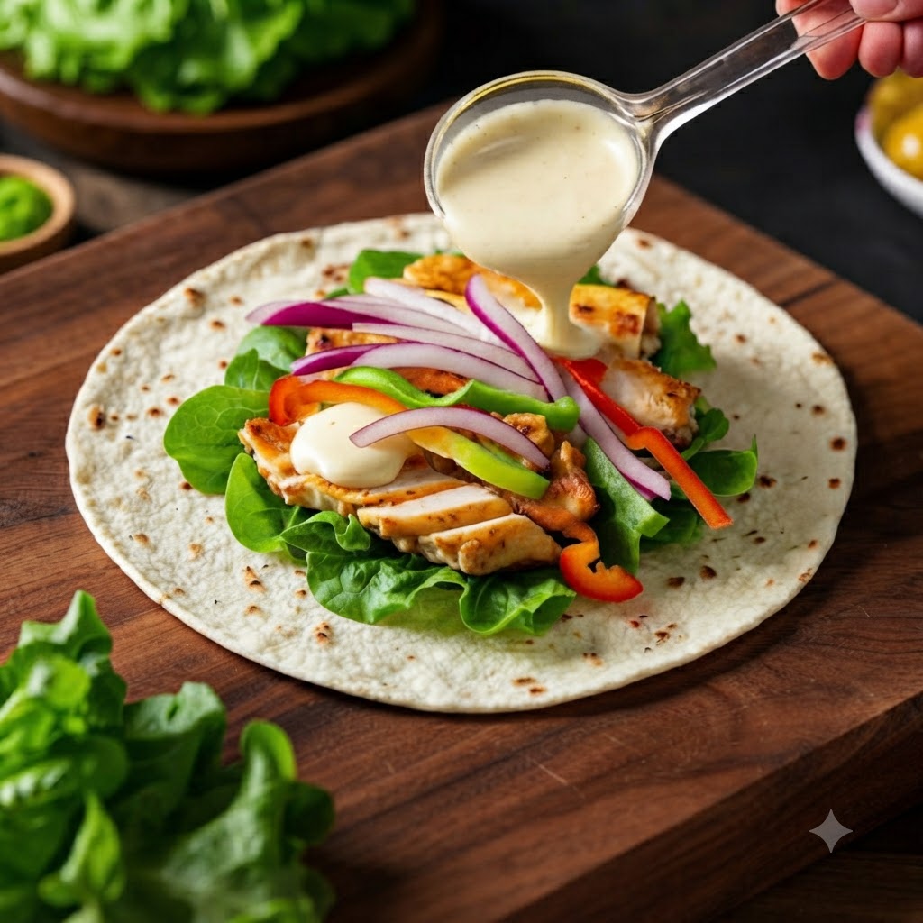 Versement de la sauce à salade à partir dune cuillère sur la garniture de poulet et de légumes sur une tortilla.