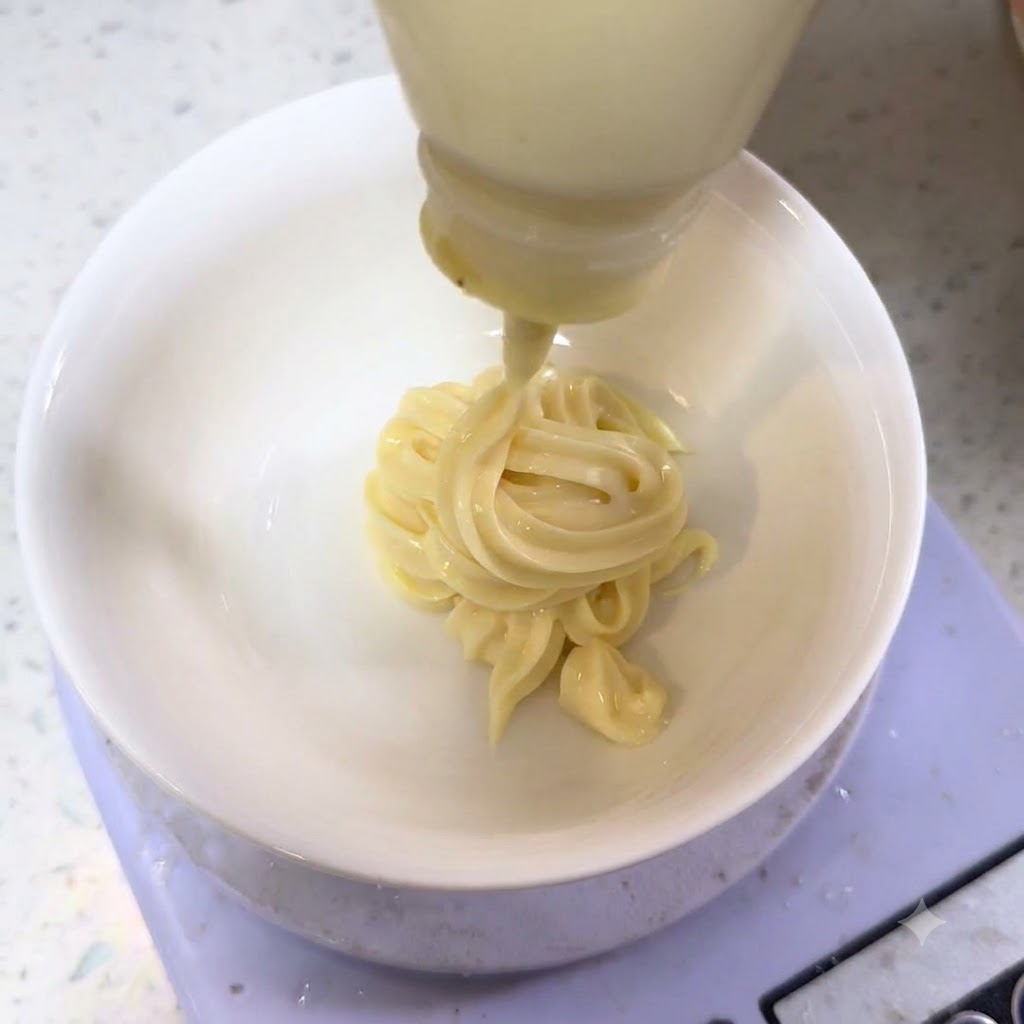 De la mayonnaise versée depuis une bouteille dans un bol blanc posé sur une balance numérique pour préparer la sauce.