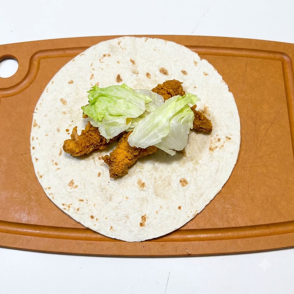 Une tortilla sur une planche à découper garnie de morceaux de poulet cuits et de feuilles de laitue verte fraîchement émincées.