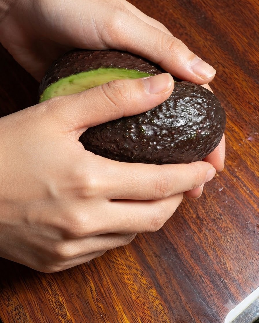 Des mains tenant un avocat mûr qui a été coupé en deux sur une planche à découper en bois.