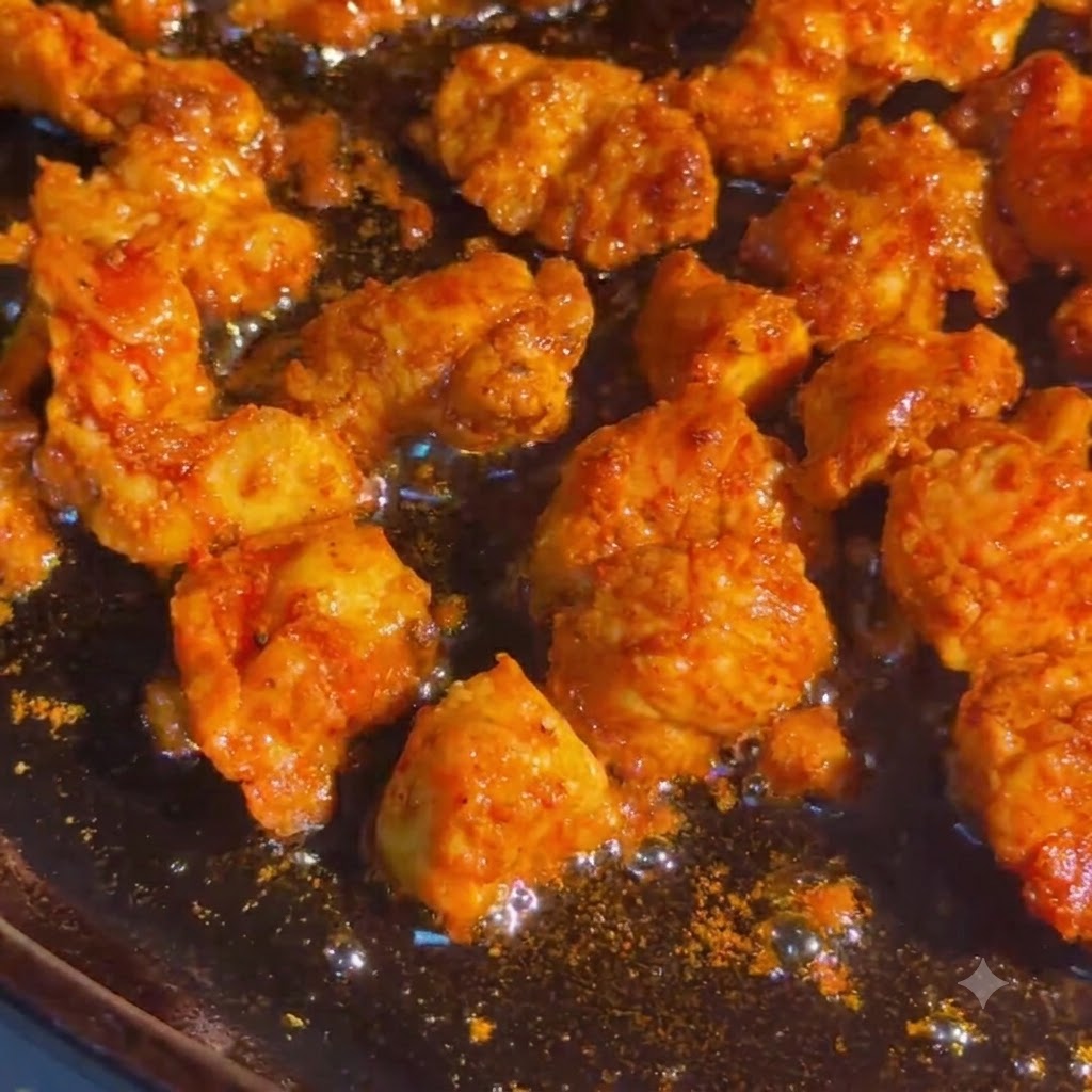 Des morceaux de poulet assaisonnés qui grésillent et cuisent dans une poêle chaude.