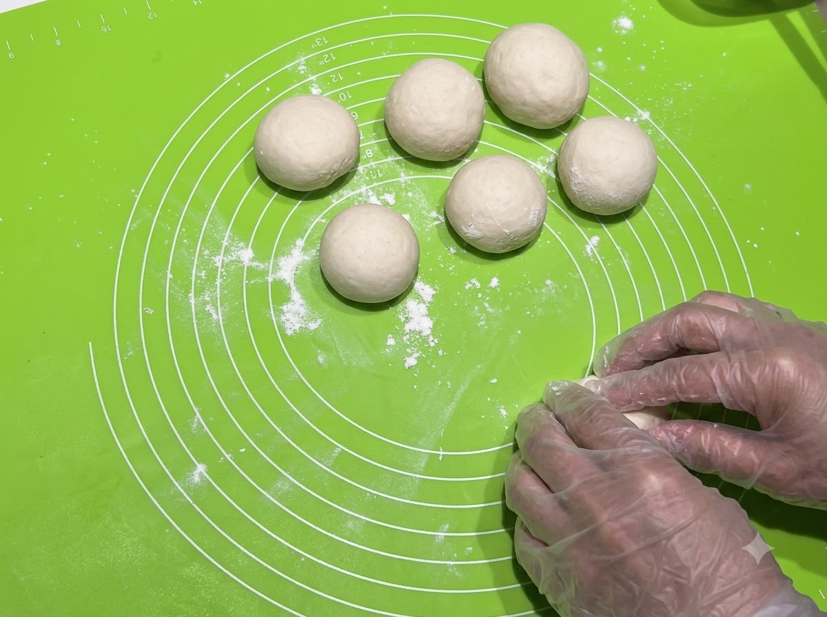 De petites boules de pâte arrondies disposées sur un tapis en silicone vert à côté dune main au repos.
