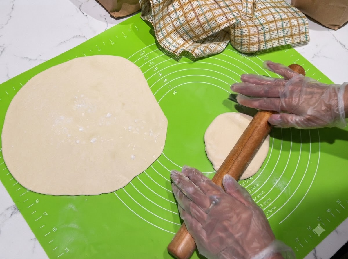 Un rouleau à pâtisserie en bois aplatissant une portion de pâte sur un tapis en silicone vert à côté dune enveloppe abaissée.